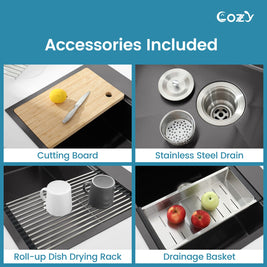 Cozy 30 Inch Drop-In Single Bowl Stainless Steel Kitchen Workstation Sink with Cutting Board, Colander, Dish Rack & Basket Strainer (Brushed Nickel / Black)