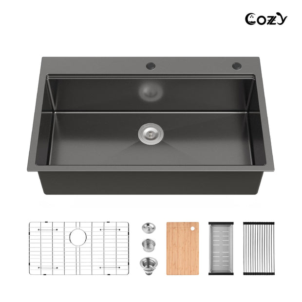 COZY 36" Stainless Steel Workstation Kitchen Sink with Accessories, Single Bowl Drop-In