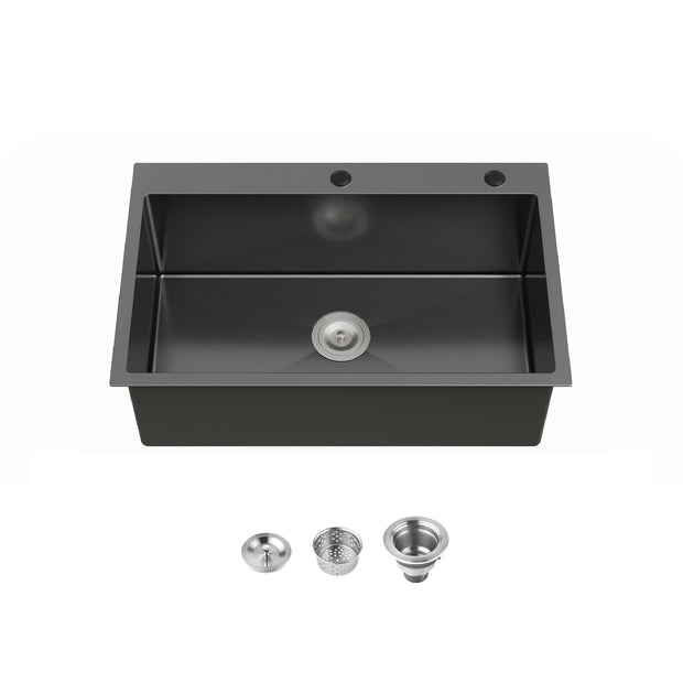 Cozy 30" Overmount Handmade Stainless Steel Single Bowl Kitchen Sink with US Standard Drain Assembly – Brushed Nickel & Black