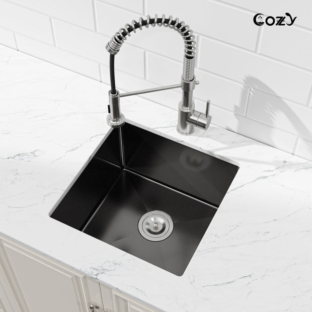 COZY 18-Inch Undermount Single Bowl Stainless Steel Kitchen Sink (Black & Brushed Nickel Finish)