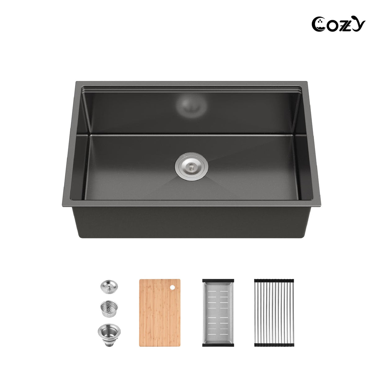 Cozy 30" Undermount Stainless Steel Single Bowl Kitchen Sink with Colander, Basket Strainer, Cutting Board & Dish Rack – Brushed Nickel / Black