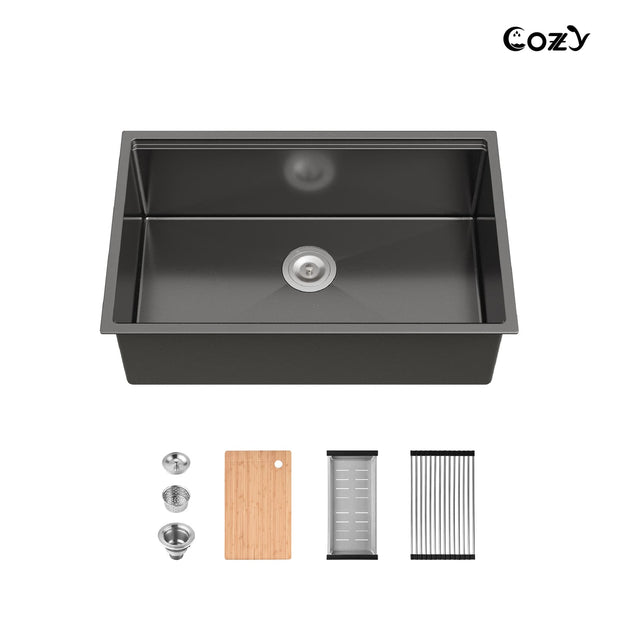 Cozy 30" Undermount Stainless Steel Single Bowl Kitchen Sink with Colander, Basket Strainer, Cutting Board & Dish Rack – Brushed Nickel / Black