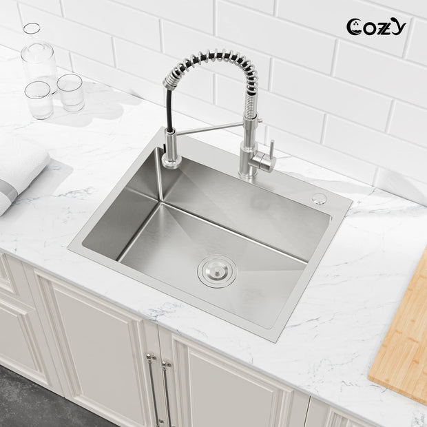 COZY 23" x 19" Handmade Stainless Steel Overmount Kitchen Sink Single Bowl Brushed Nickel