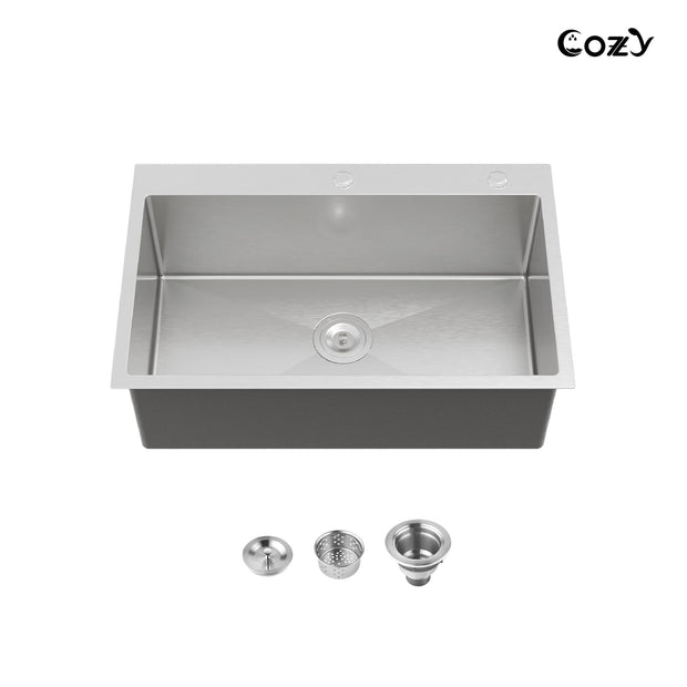 Cozy 30" Overmount Handmade Stainless Steel Single Bowl Kitchen Sink with US Standard Drain Assembly – Brushed Nickel & Black