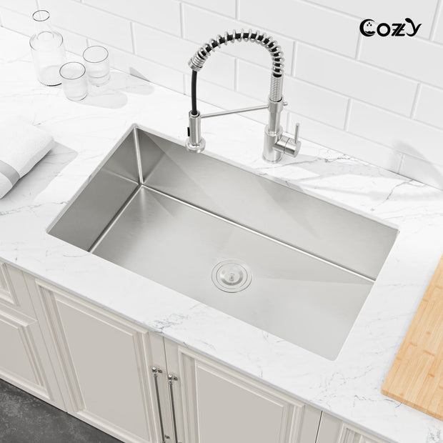 Cozy 33" Stainless Steel Undermount Single Bowl Kitchen Sink - Brushed Nickel / Matte Black