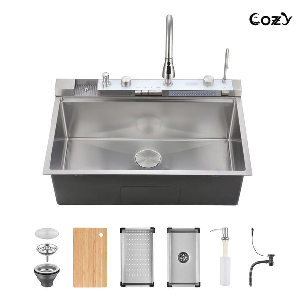 Cozy 33" Drop-in Workstation Kitchen Sink with Digital Display - Brushed Nickel / Matte Black