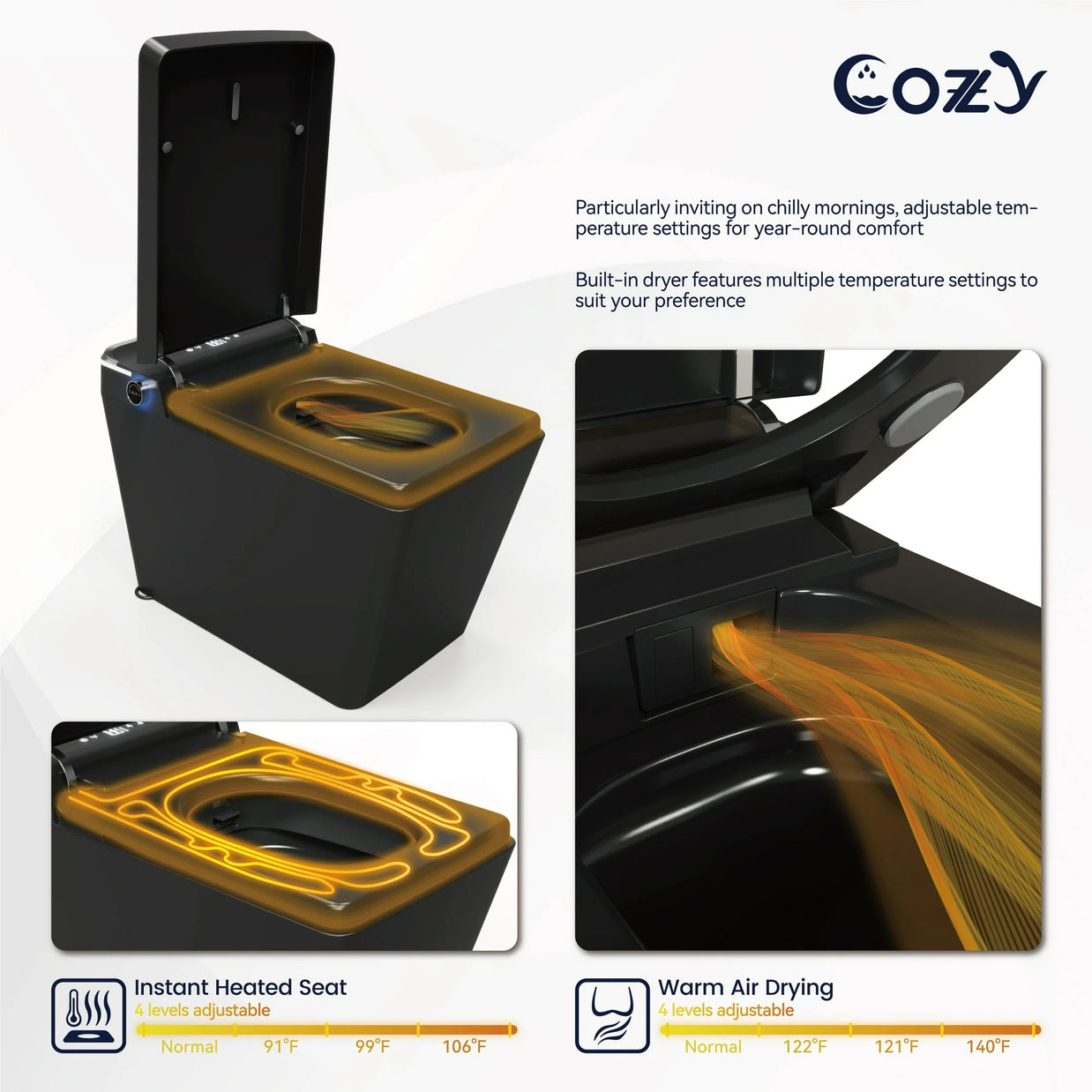 COZY Square Smart Toilet | Foot Sensor, Auto Flush, Tankless & Instant Heat | STBL06-1