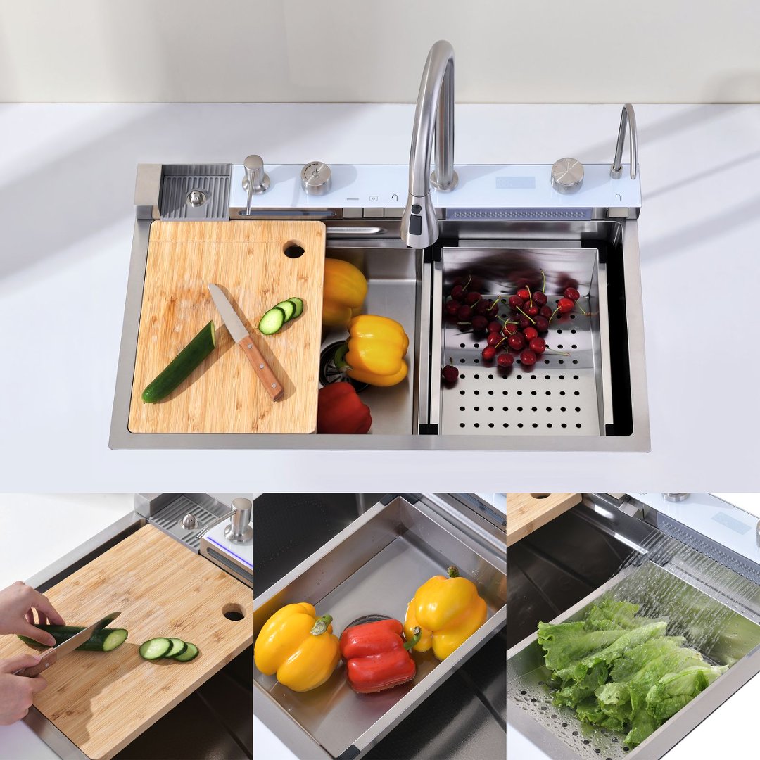 30″×18″ Stainless Steel Single Bowl Kitchen Sink, Brushed Waterfall Workstation with Flying-Rain Faucet, Sprayhead, Cup Washer, 1 Pack, SS-BR06-301808