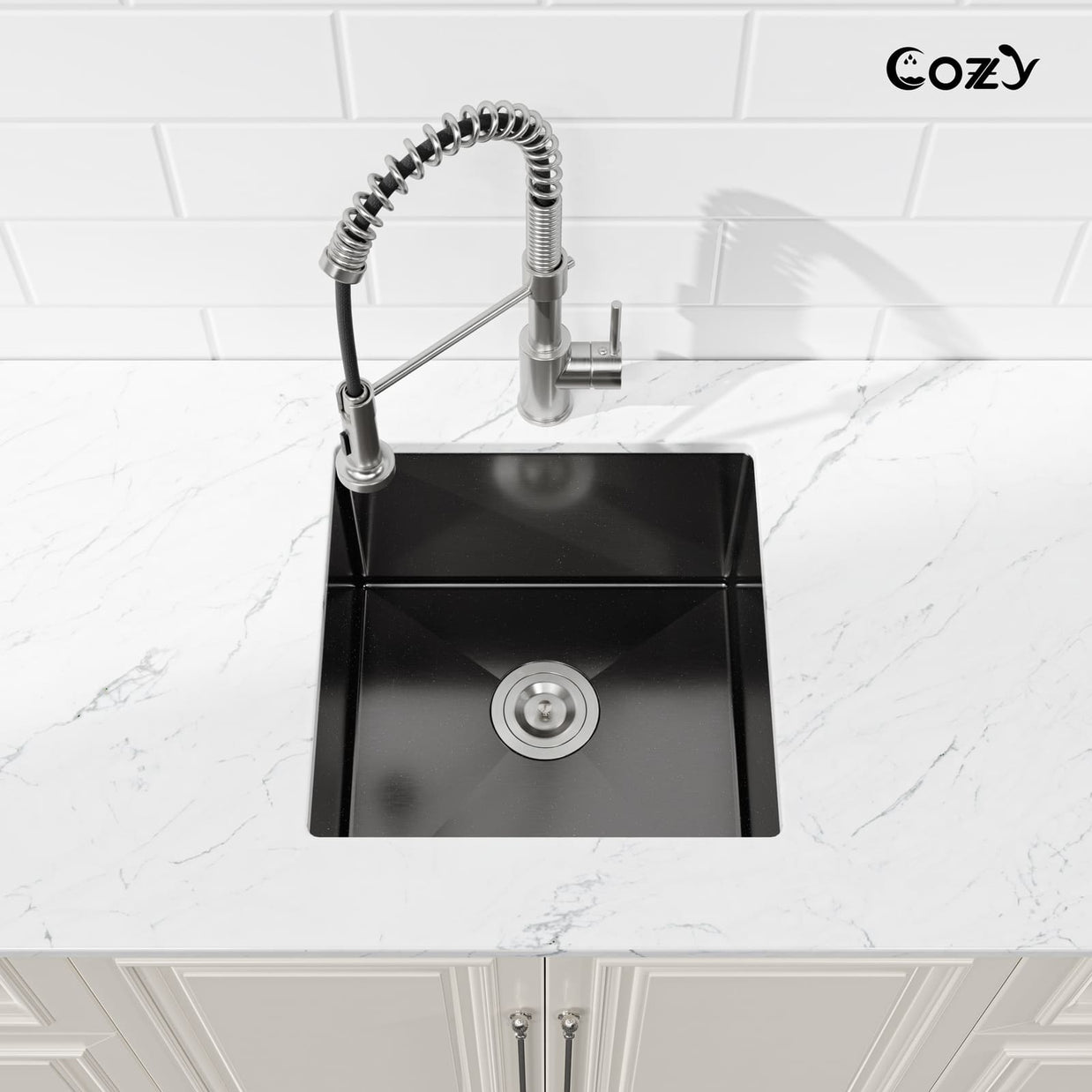 Top-down perspective of Cozy 18-inch matte black undermount single bowl handmade kitchen sink