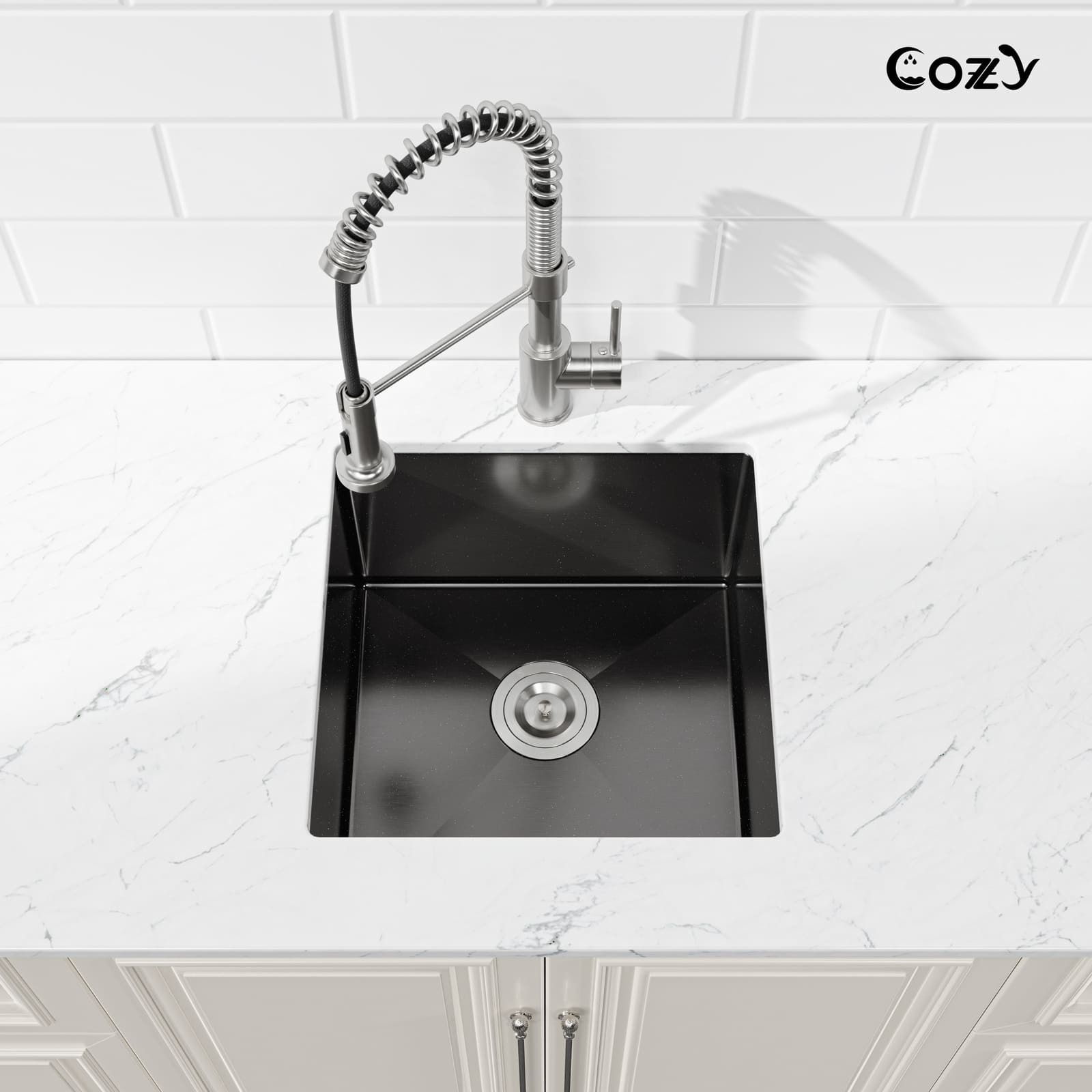 Top-down perspective of Cozy 18-inch matte black undermount single bowl handmade kitchen sink