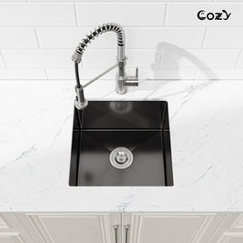 Top-down perspective of Cozy 18-inch matte black undermount single bowl handmade kitchen sink
