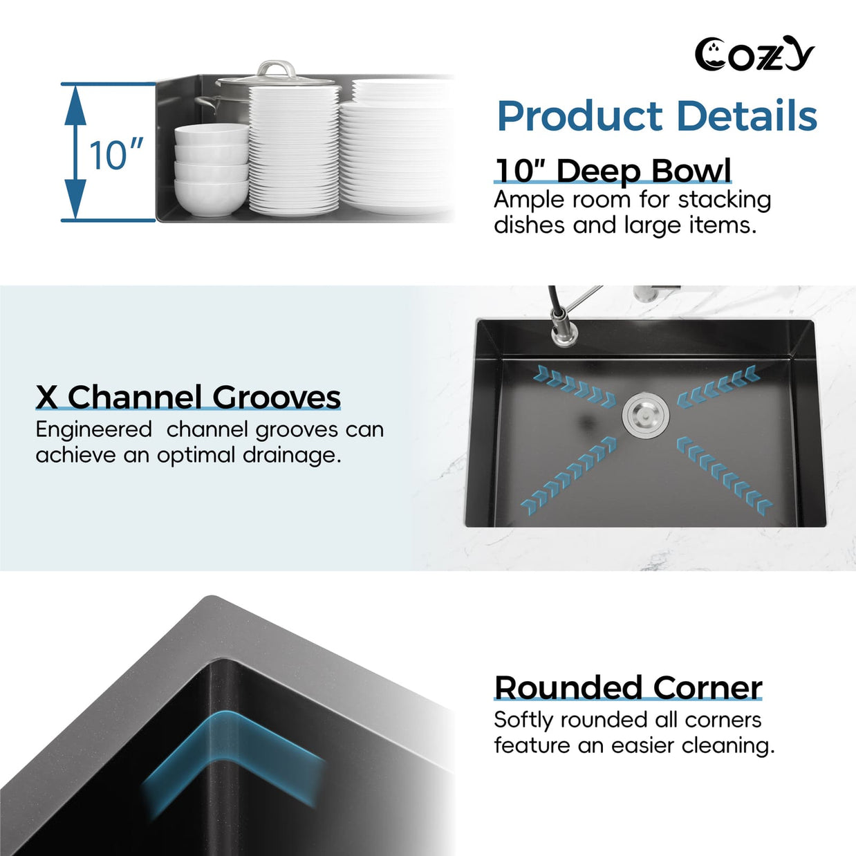 Cozy 18-inch matte black undermount single bowl handmade kitchen sink product details showing 10-inch deep bowl, X channel grooves, and rounded corners