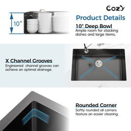 Cozy 18-inch matte black undermount single bowl handmade kitchen sink product details showing 10-inch deep bowl, X channel grooves, and rounded corners
