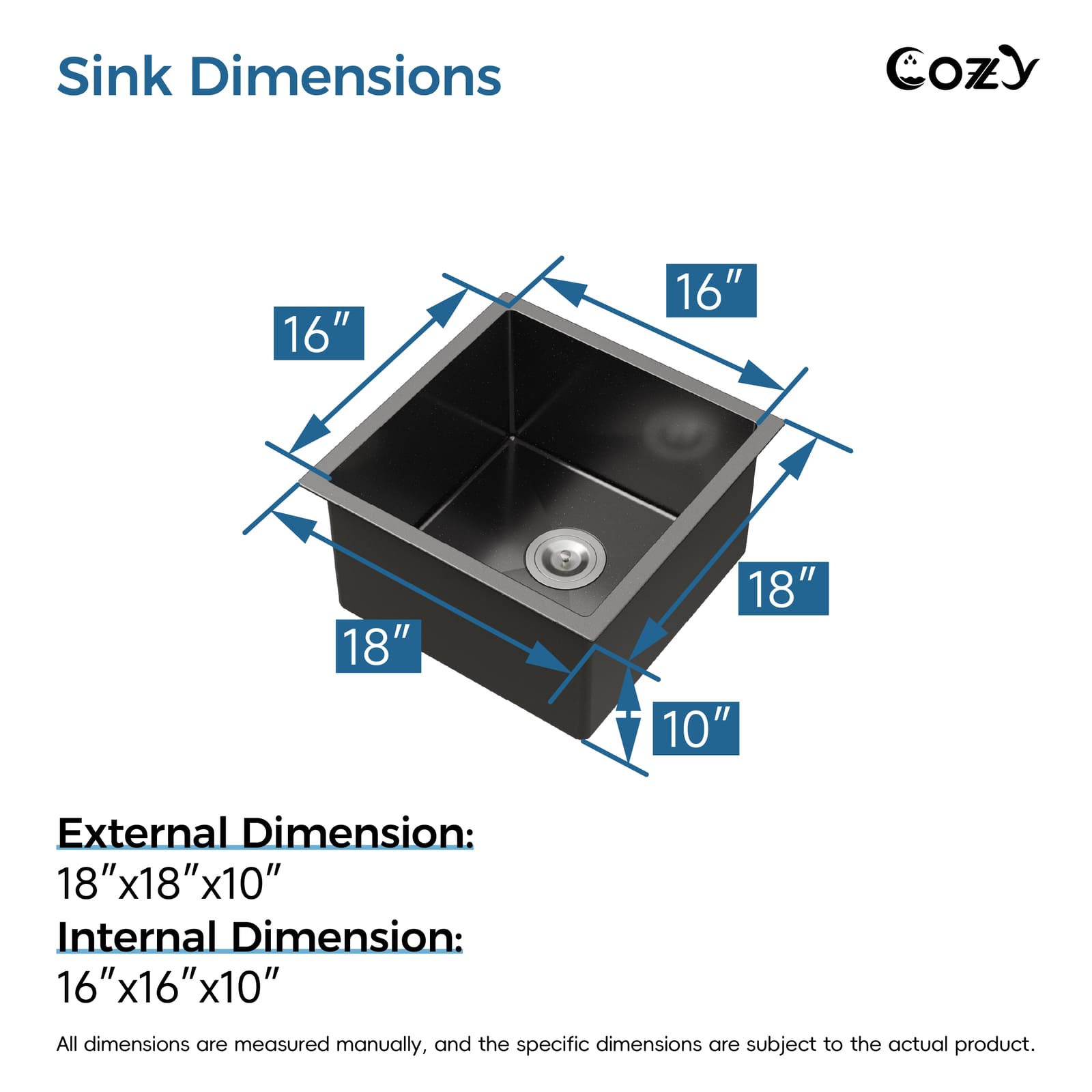 Exterior and interior dimensions of Cozy 18-inch matte black undermount single bowl handmade kitchen sink