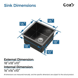 Exterior and interior dimensions of Cozy 18-inch matte black undermount single bowl handmade kitchen sink