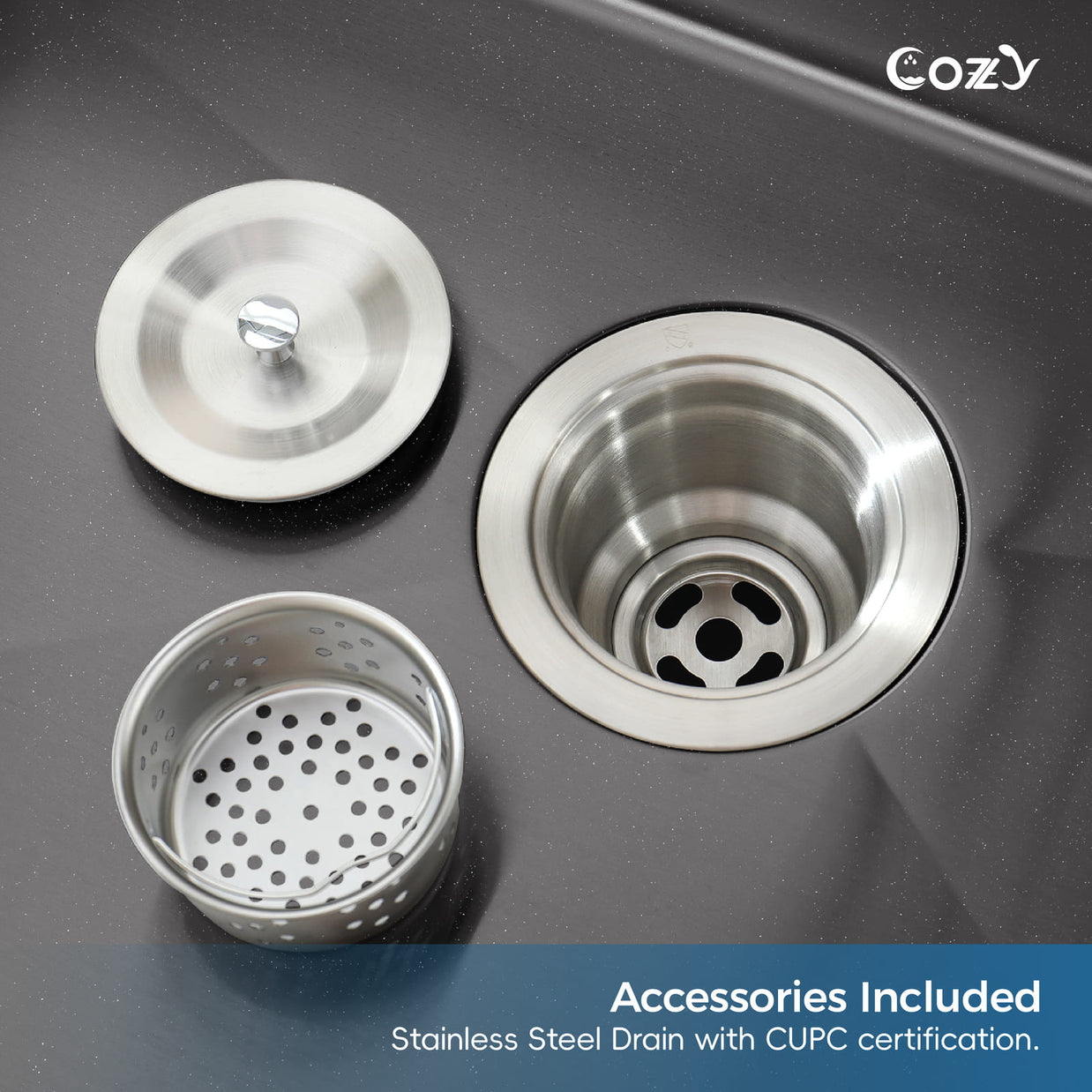 CUPC certified stainless steel basket strainer and drain assembly for Cozy 18-inch matte black undermount handmade kitchen sink
