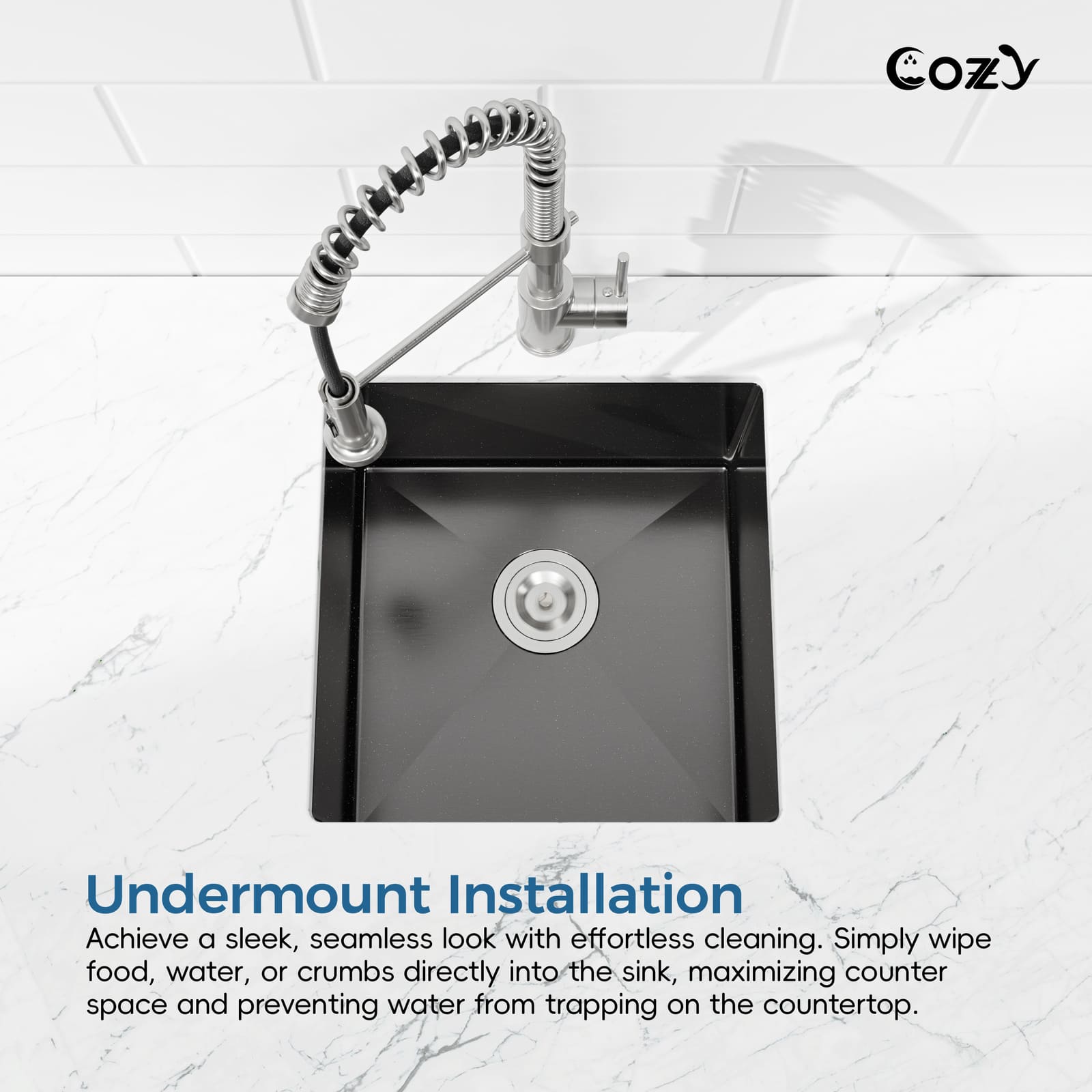 Cozy 18-inch matte black undermount single bowl handmade kitchen sink demonstrating sleek undermount installation