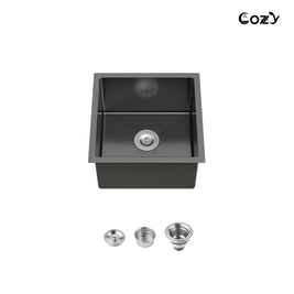 Cozy 18-inch matte black undermount single bowl handmade stainless steel kitchen sink with basket strainer and drain assembly