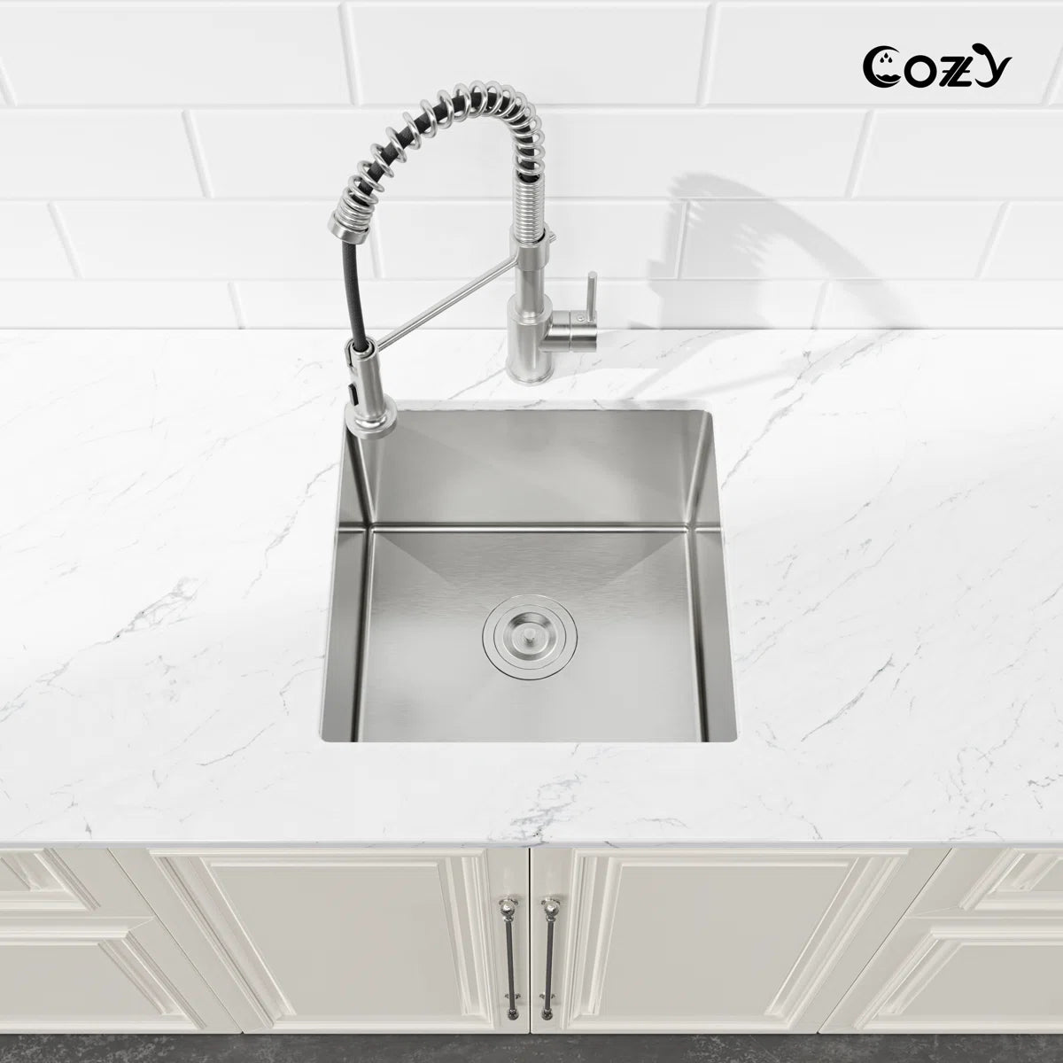 Cozy 18-inch brushed nickel undermount single bowl handmade kitchen sink integrated with white kitchen cabinet