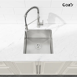 Cozy 18-inch brushed nickel undermount single bowl handmade kitchen sink integrated with white kitchen cabinet
