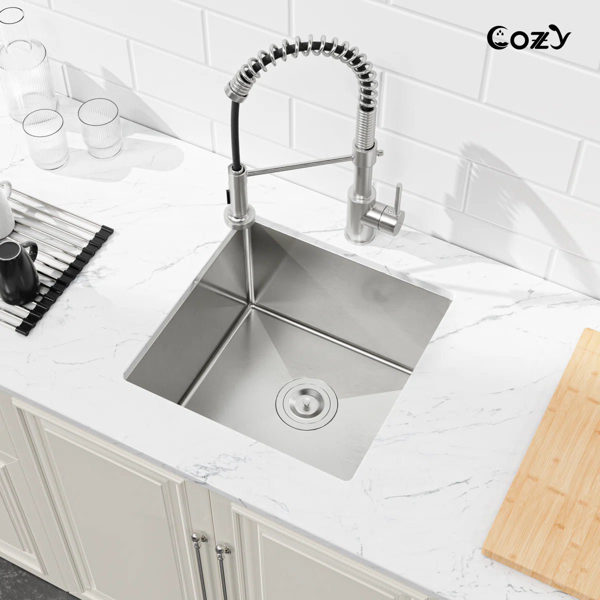 Cozy 18-inch brushed nickel undermount single bowl handmade kitchen sink