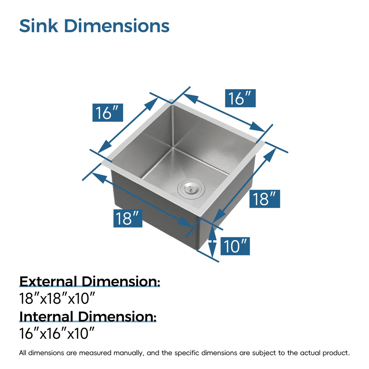 Exterior and interior dimensions of Cozy 18-inch brushed nickel undermount single bowl handmade kitchen sink