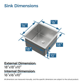 Exterior and interior dimensions of Cozy 18-inch brushed nickel undermount single bowl handmade kitchen sink