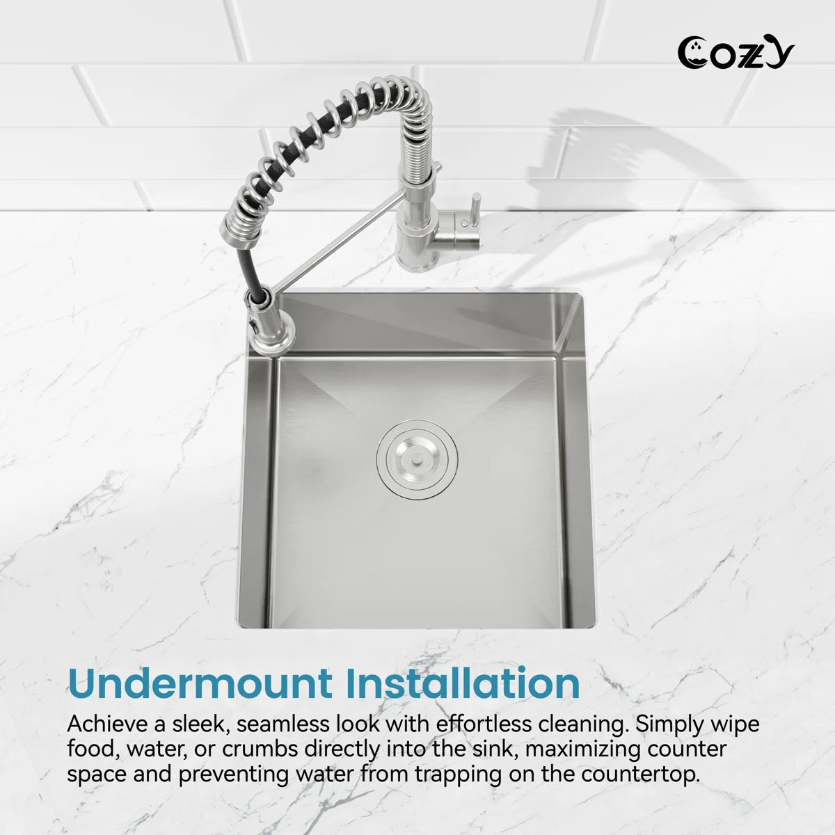Cozy 18-inch brushed nickel undermount single bowl handmade kitchen sink demonstrating sleek undermount installation