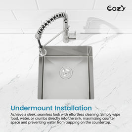 Cozy 18-inch brushed nickel undermount single bowl handmade kitchen sink demonstrating sleek undermount installation