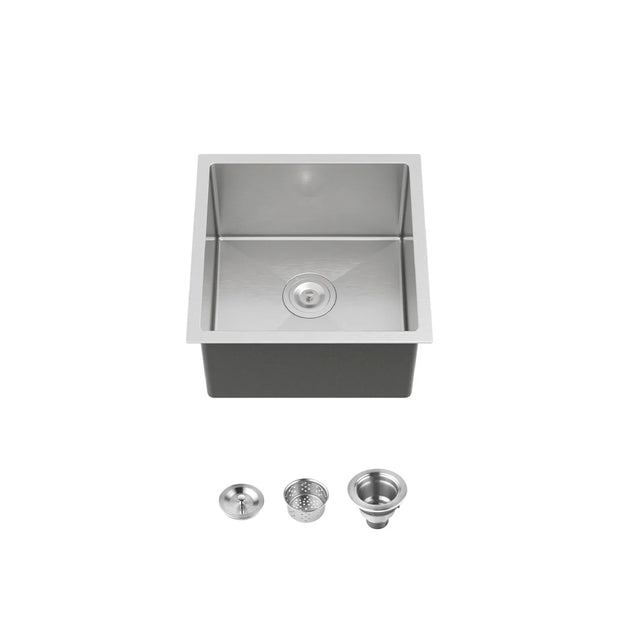 Cozy 18-inch brushed nickel undermount single bowl handmade stainless steel kitchen sink with basket strainer and drain assembly