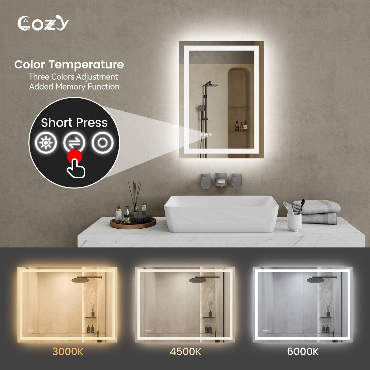 Cozy 20x28 inch LED bathroom mirror with 3000K 4500K and 6000K color temperature options.