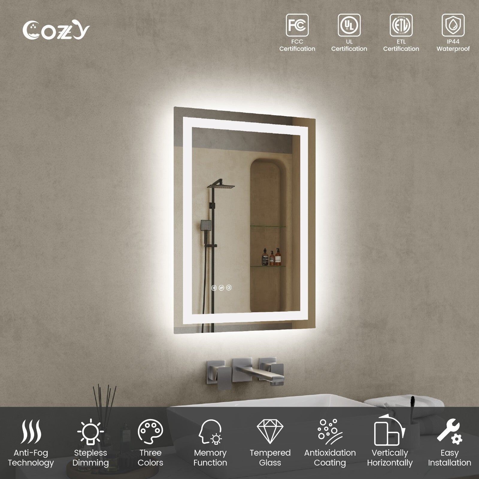 Cozy 20x28 inch LED bathroom mirror features and UL ETL certifications chart.