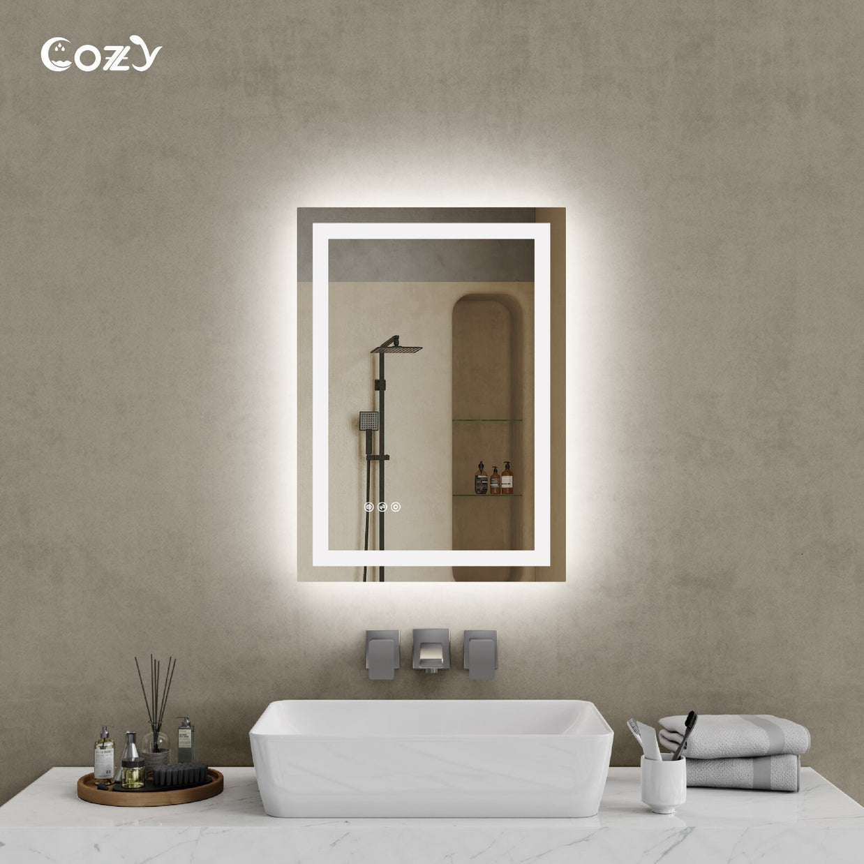 Cozy 20x28 inch backlit and front-lit LED bathroom vanity mirror in a modern setting.