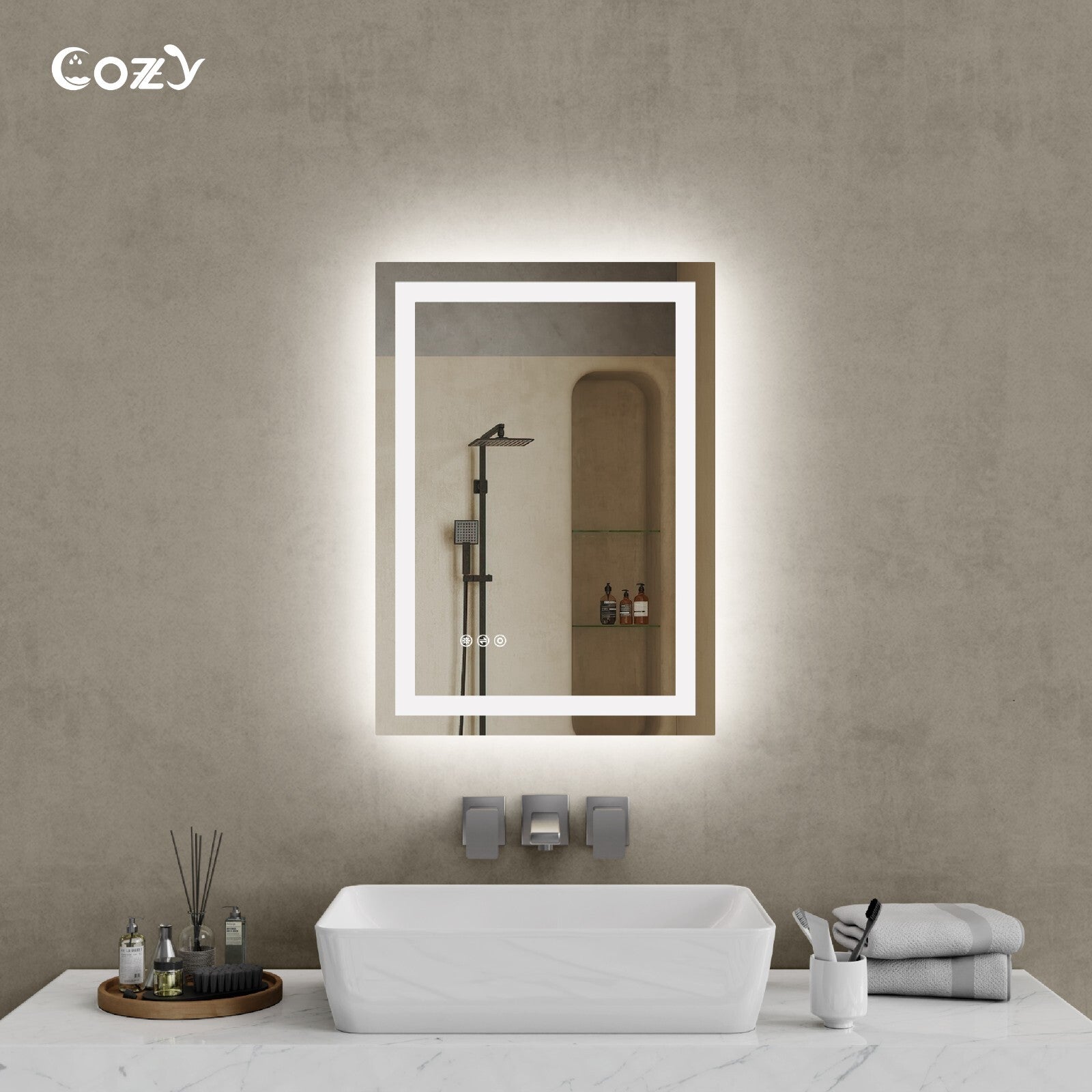 Cozy 20x28 inch backlit and front-lit LED bathroom vanity mirror in a modern setting.
