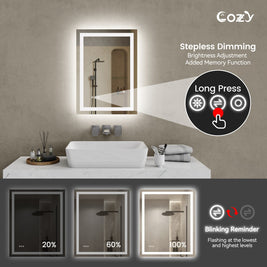 Cozy 20x28 inch LED bathroom mirror stepless dimming and brightness memory function.