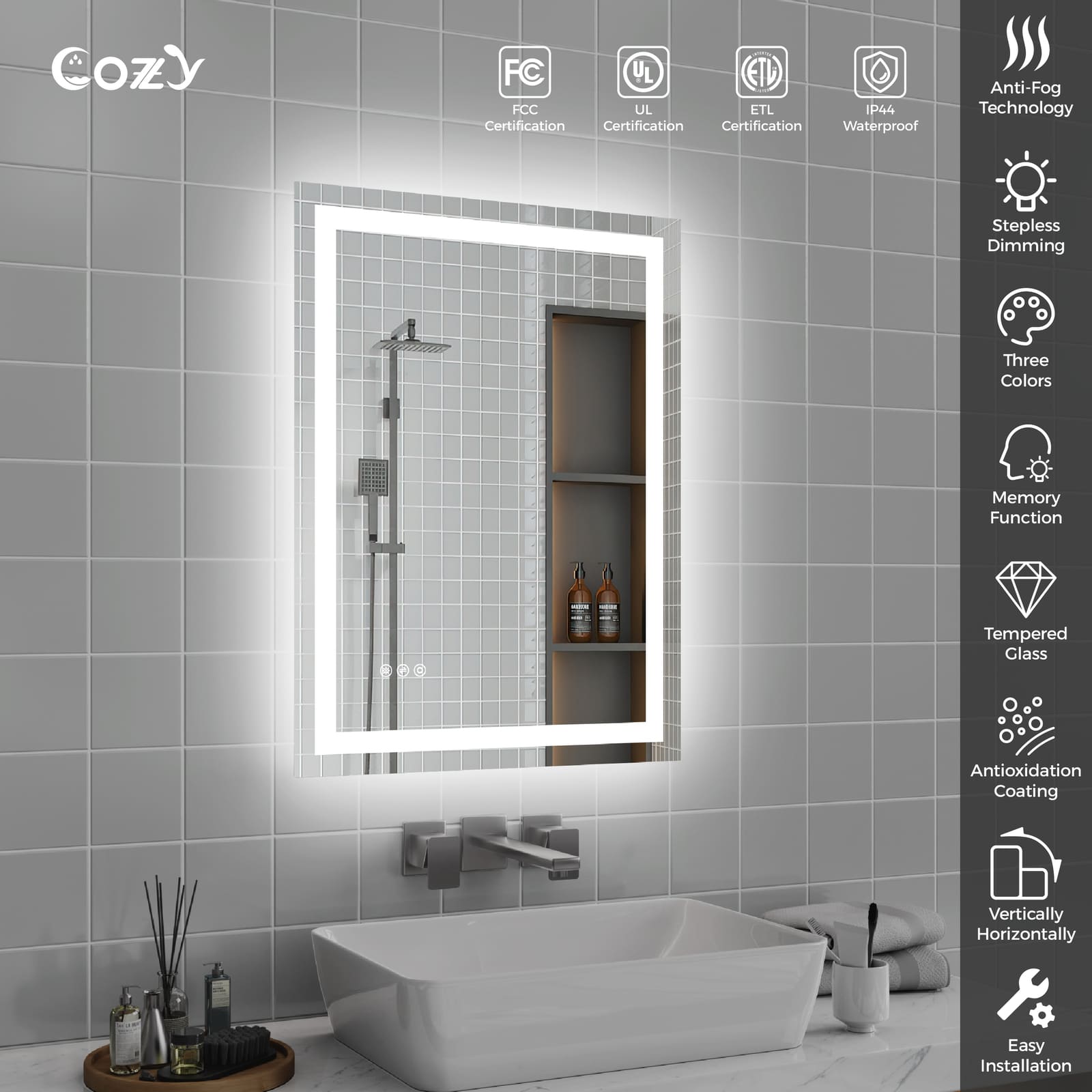 Cozy 24x32 inch LED bathroom mirror features and UL ETL certifications chart.
