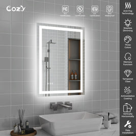 Cozy 24x32 inch LED bathroom mirror features and UL ETL certifications chart.