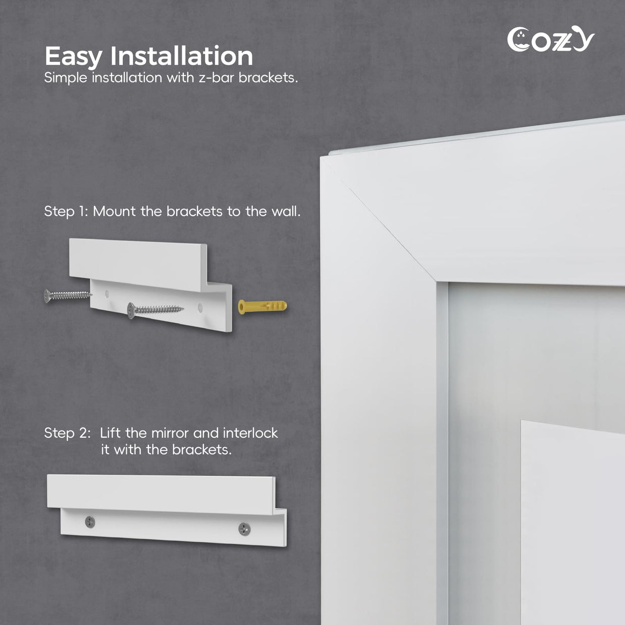 Cozy 24x32 inch LED bathroom mirror easy installation guide with z-bar brackets.