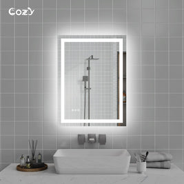 Cozy 24x32 inch backlit and front-lit LED bathroom vanity mirror in a modern setting.