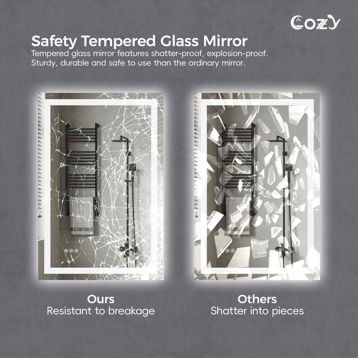 Cozy 24x32 inch shatterproof tempered glass LED bathroom mirror safety comparison.