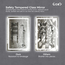 Cozy 24x32 inch shatterproof tempered glass LED bathroom mirror safety comparison.