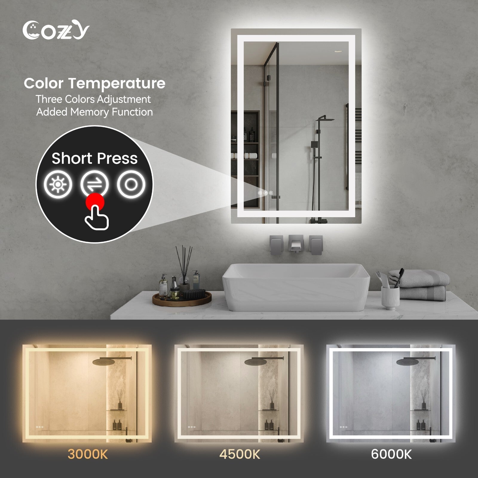 Cozy 24x36 inch LED bathroom mirror with 3000K 4500K and 6000K color temperature options.