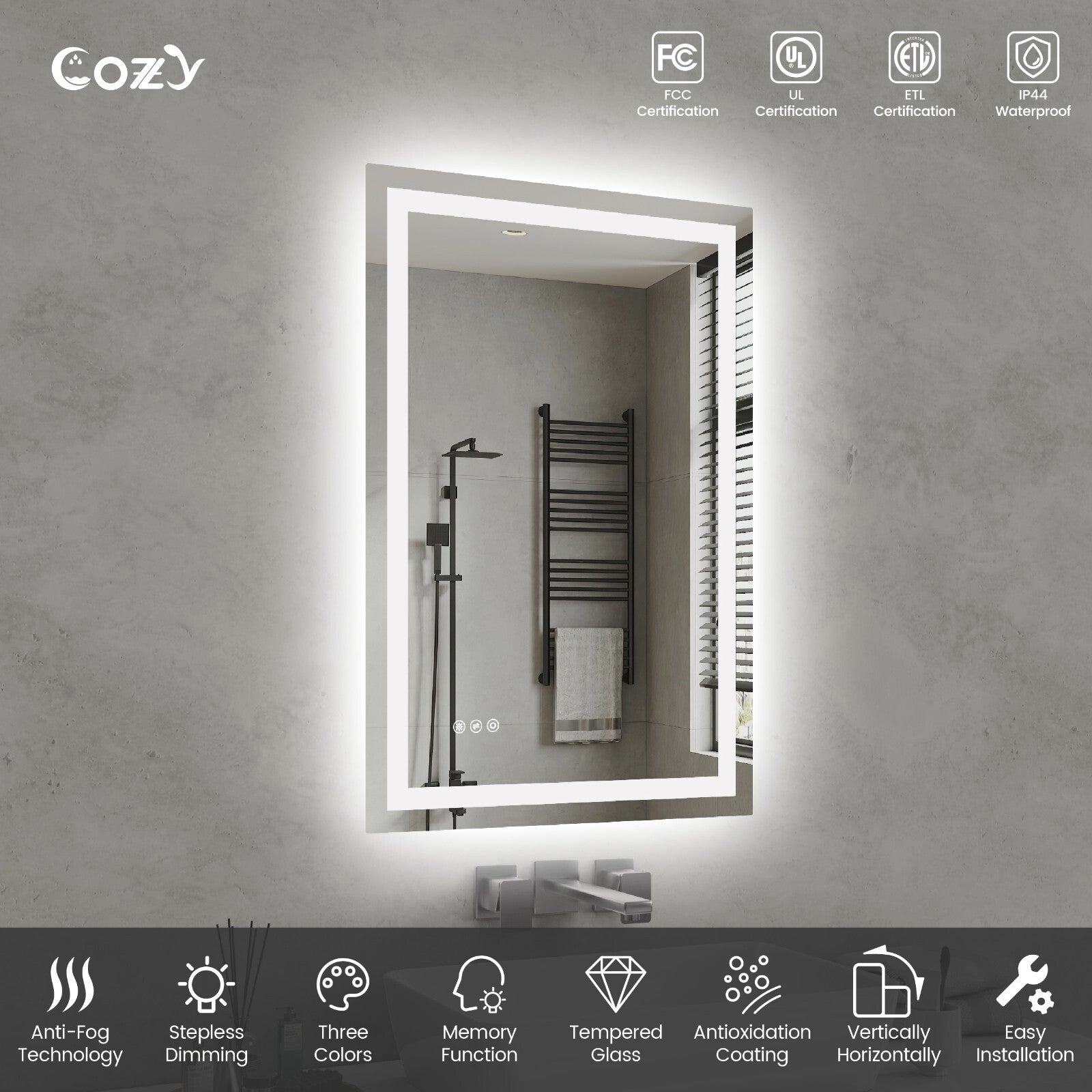 Cozy 24x36 inch LED bathroom mirror features and UL ETL certifications chart.