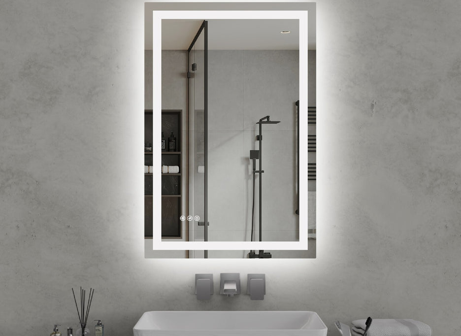 Cozy 24x36 inch backlit and front-lit LED bathroom vanity mirror in a modern setting