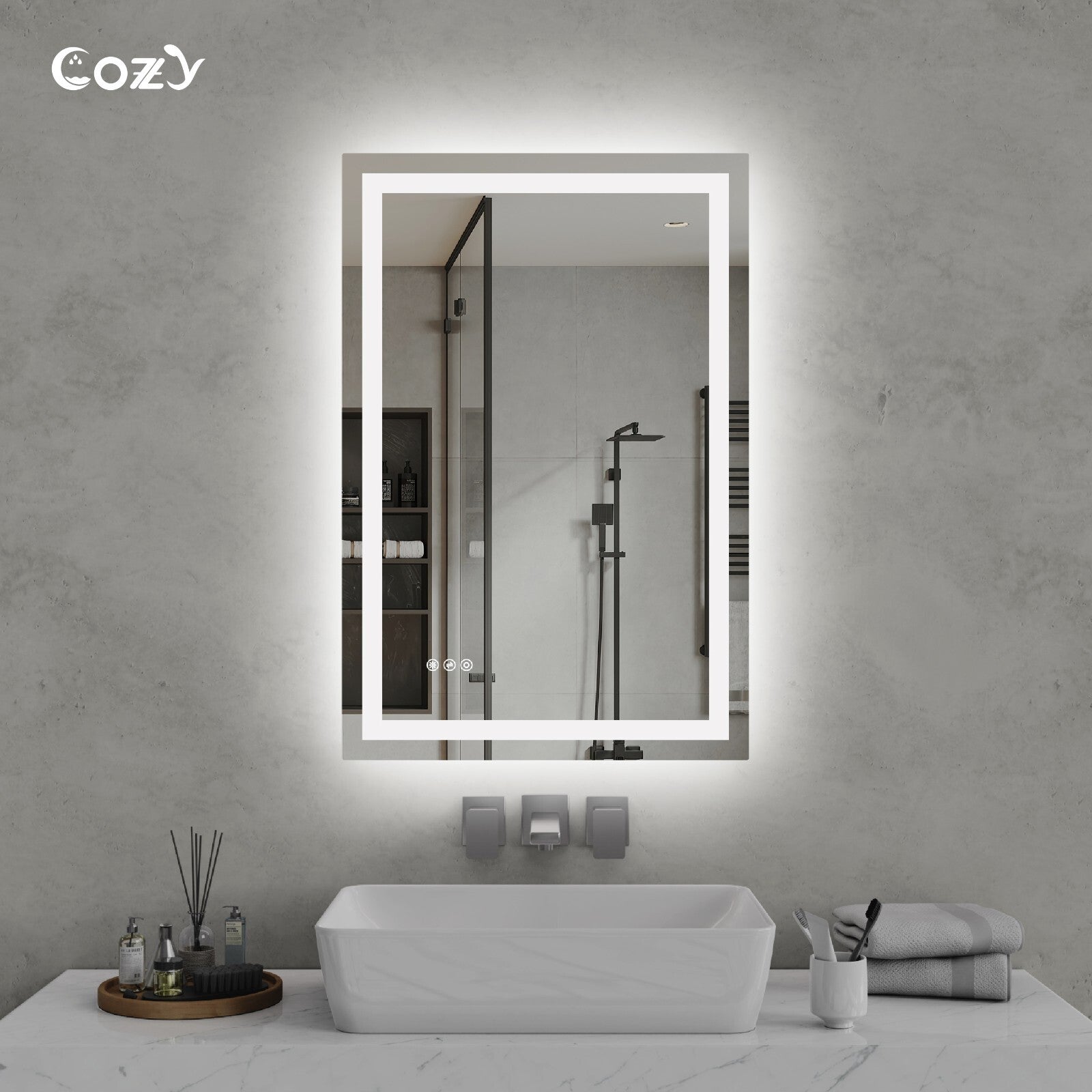 Cozy 24x36 inch backlit and front-lit LED bathroom vanity mirror in a modern setting