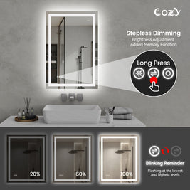 Cozy 24x36 inch LED bathroom mirror stepless dimming and brightness memory function.