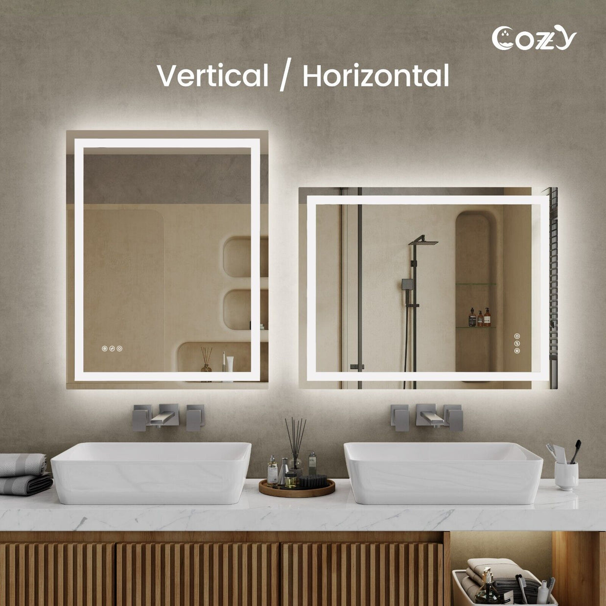 Cozy 24x36 inch LED bathroom mirror vertical and horizontal mounting options.