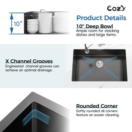 ozy 27-inch matte black undermount single bowl handmade kitchen sink product details showing 10-inch deep bowl, X channel grooves, and rounded corners