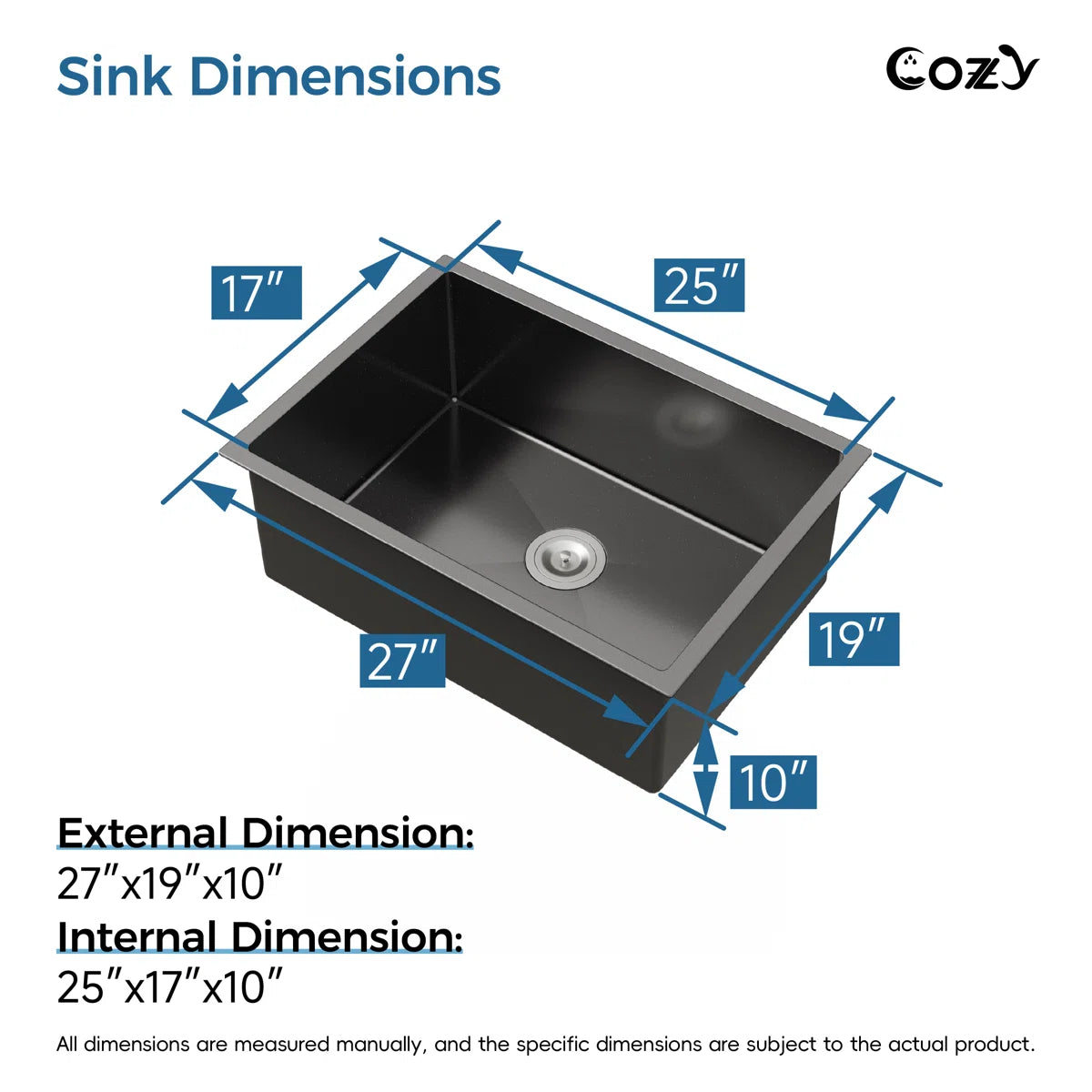 Exterior and interior dimensions of Cozy 27-inch matte black undermount single bowl handmade kitchen sink