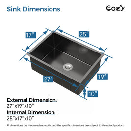 Exterior and interior dimensions of Cozy 27-inch matte black undermount single bowl handmade kitchen sink